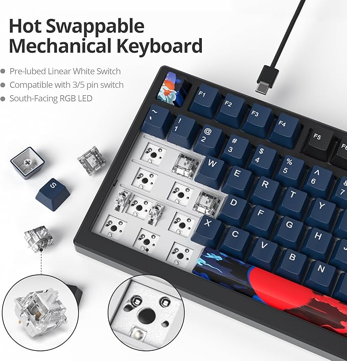 96% Percent Keyboard Programmable,99 Keys Wired Hot-swappable RGB Mechanical Gaming Keyboard Gasket Mount with Quiet Pre-lubed switches for Mac/Win (Dark Blue)