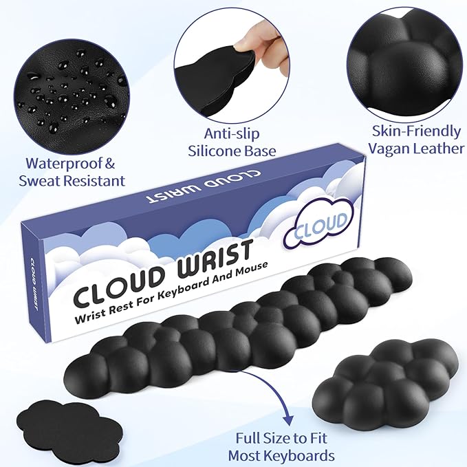 Sushret Cloud Wrist Rest for Keyboard and Mouse, Memory Foam PU Leather Keyboard Wrist Rest with Ergonomic Support, Non-Slip Base, Cute Arm Rest Pad & Palm Cushion, Office Desk Accessory, Black