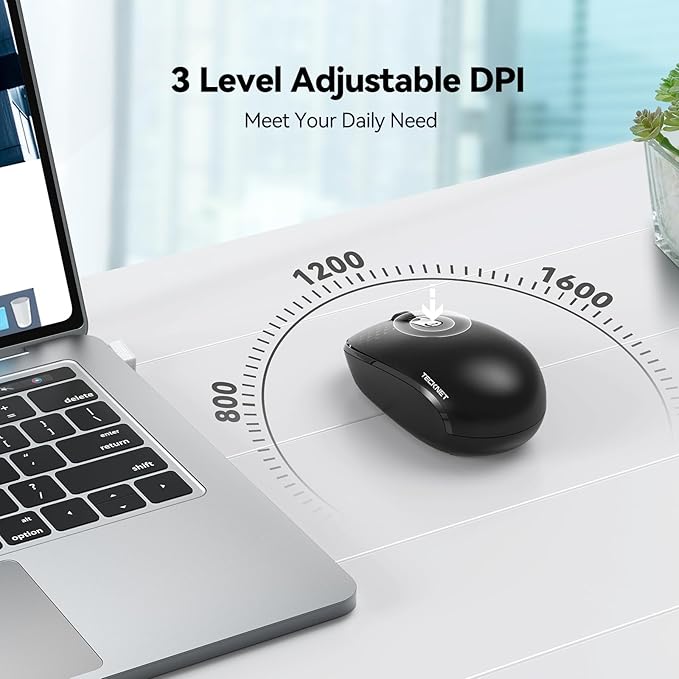 TECKNET Wireless Mouse, 2.4G Quiet Computer Mouse with USB Receiver, 4 Buttons Portable Cordless Mice for Chromebook, Laptop, PC, Mac, 800/1200/1600 DPI - Black