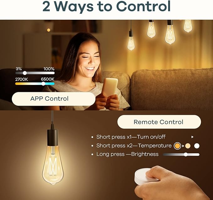 Linkind Smart Edison Bulbs, 2700K-6500K Tunable WiFi Edison Bulbs with Remote Control, 8W 60W Equivalent Dimmable ST19(ST58) Vintage Light Bulbs 800lm, Compatible with Alexa & Google Home, 2-Pack