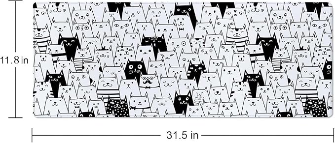 Large XL Gaming Mouse Pad - 31.5 x 11.8 Inch Extended Long Thin Desk Mat for Keyboard Mice with Cute Cartoon Black White Cats