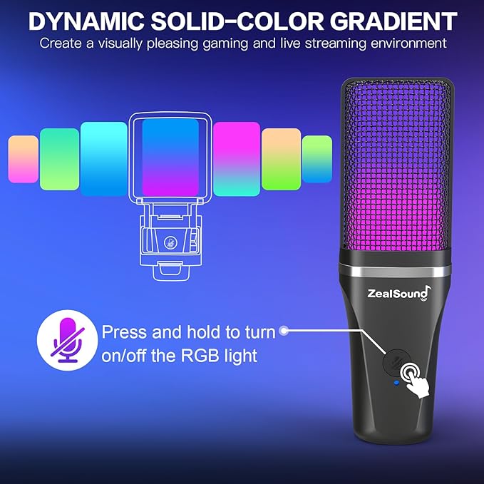 ZealSound Gaming USB Microphone for PC,RGB Condenser Computer Mic with Tripod Stand,Quick Mute,Gain Control for Gaming,Streaming,Podcasting,Recording,ASMR,Cardioid Mic Kit for Laptop/PS4/PS5/Phone