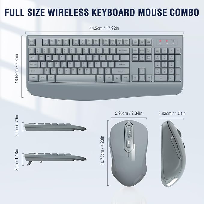 Wireless Keyboard and Mouse Combo, Full-Sized 2.4GHz Wireless Keyboard with Comfortable Palm Rest and Optical Mouse for Windows, Mac OS PC/Desktops/Computer/Laptops (Gray)