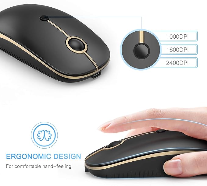 VssoPlor Type C Wireless Mouse USB C Rechargeable Portable Quiet Laptop Mouse USB and Type C Receiver Dual Mode Mice for PC, Laptop, MacBook, Tablet-Black Gold