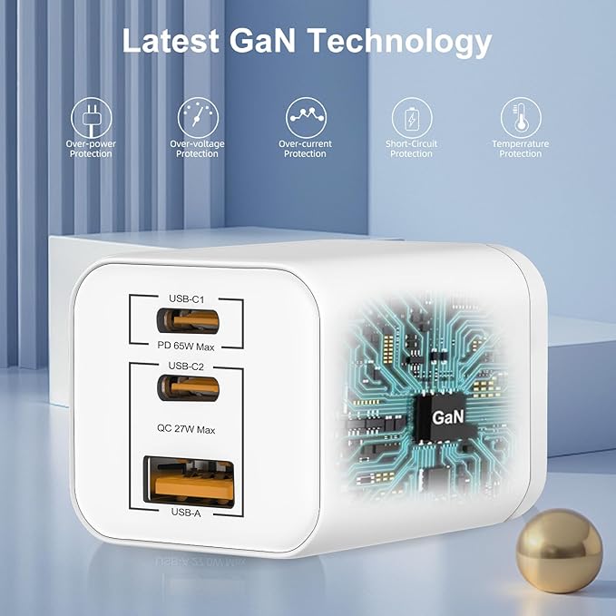 65W USB C Charger,PD3.0 GaN USB C Charger for Travel, Fast Charger for MacBook Pro/Air, iPad, Galaxy S24 Ultra, Dell XPS, iPhone 15 Pro and More(White)