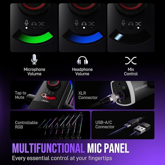 FIFINE Gaming Microphone Kit, XLR/USB Dynamic PC Microphone with Boom Arm for Podcast Recording, RGB Streaming Mic Set, Tap-to-Mute, Mix Control, Headphone Jack-AmpliGame AM8PROT