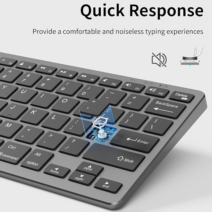kenke Wireless Keyboard, 2.4GHz / Bluetooth 1.0/2.0 Wireless Keyboard, Low Profile & Lightweight, 78 Key, Fluid Precise Quiet Typing, Supports Bluetooth Connection, USB Rechargeable, Silvery Black