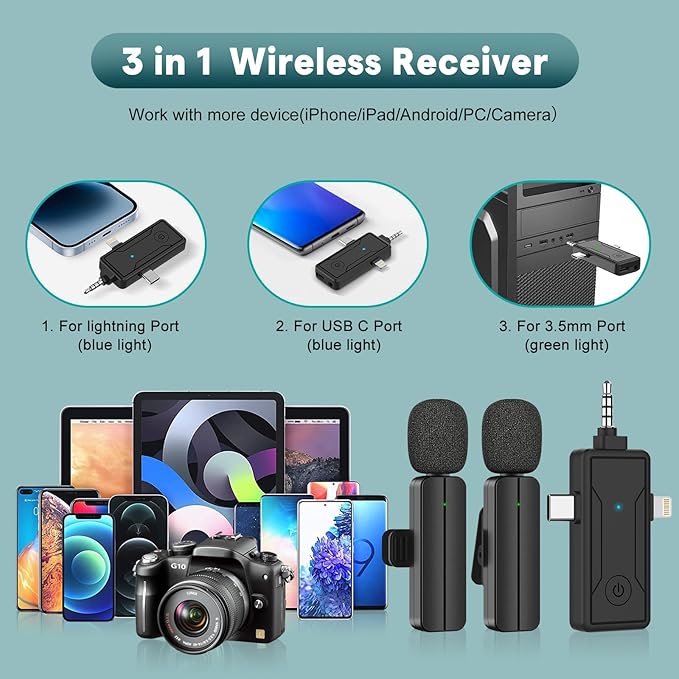 3 in 1 Wireless Mini Microphone for iPhone Android Phone Camera - Bluetooth Lavalier Lapel Mic for Video Recording - Clip on Shirt Microphones for Tiktok YouTube Podcast Vlogging