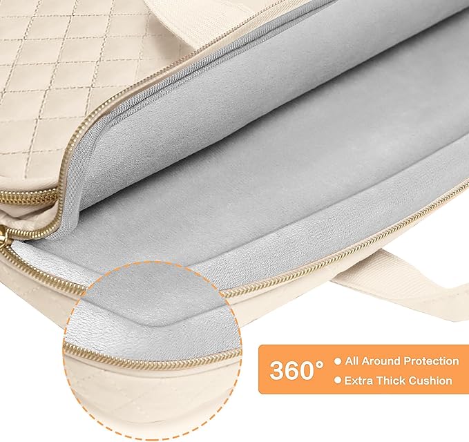 MOSISO 360 Protective Laptop Case 13.3 inch, 13-13.3 inch Laptop Sleeve Compatible with MacBook Air/Pro 13/Pro 14,HP Dell ASUS Lenovo, Square Quilted Bag Cover with 2 Pockets&Handle&Belt, Sand