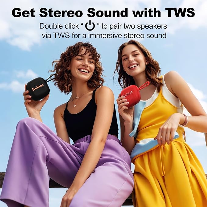 Bobtot Portable Bluetooth Speakers, Wireless IPX7 Waterproof Mini Speaker with 16H Playtime, Loud Stereo Sound, TWS, Built-in Microphone, Small Size with Lanyard, Black