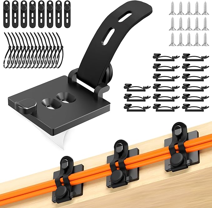 Kanemc Cable Clips Management Kit, 15 Cable Holder With Silicone Cord Ties, 15 Nylon Zip Tie, Extra 15 Screws & 8 Adjustable Cable Straps For Workspace Organizers PV Computer TV Under Desk Wire Setup by Kanemc