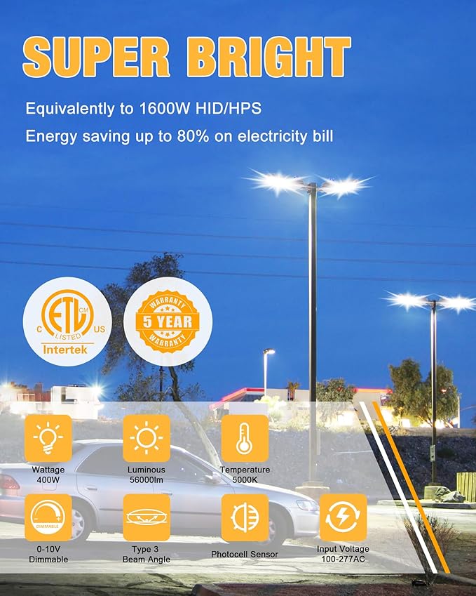 400W LED Parking Lot Lights 2 Pack, 56000LM 5000K Daylight, IP65 Waterproof, 0-10V Dimmable, UL & ETL Certified, Commercial Outdoor Lighting for Parking Lots, Stadiums, and Streets