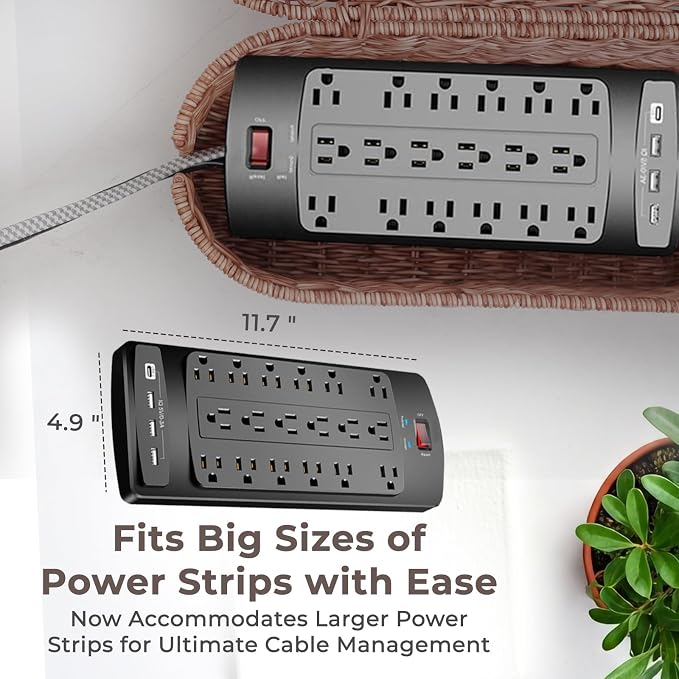 Cable Management Box, Handmade Rattan Cable Organizer, 2 Open Slots Cords Hider Box, Under Desk Cord Organizer for Computer Router USB Hub & Power Strip, Patent Pending, 15.9" x 6.5" x 6.5", Brown - Image 3