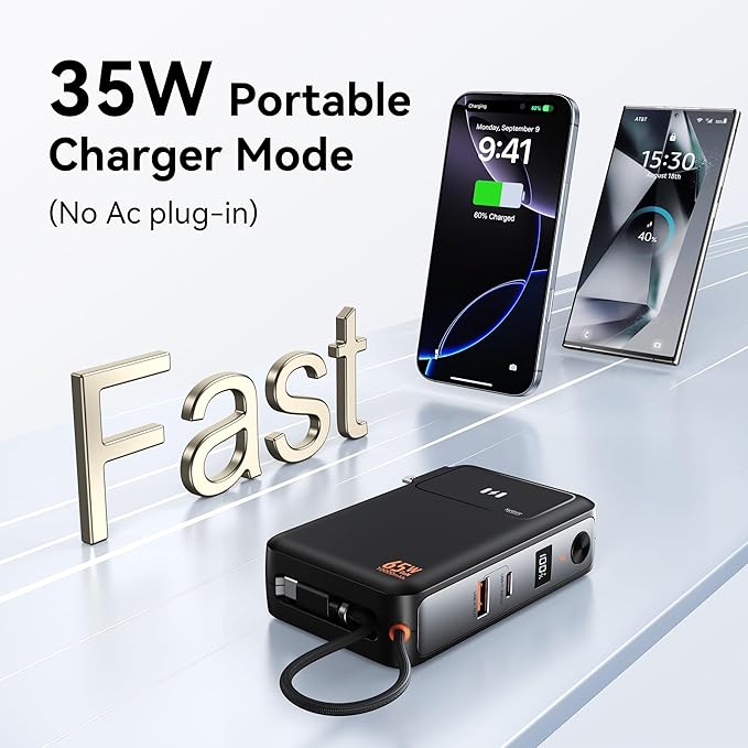 Selore&S-Global 3-in-1 Portable Phone Charger with Wall Plug, 10000mAh USB-C Power Bank with Built in Cable, 35W Portable Battery Pack for iPhone Samsung Android & 65W Wall Charger for Laptop MacBook