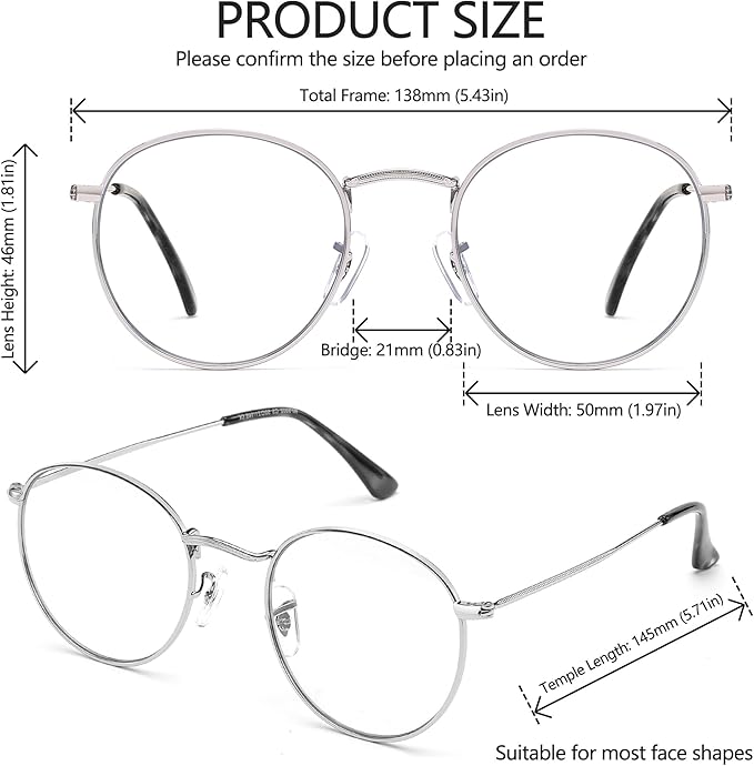Round Blue Light Blocking Glasses for Men Women, Circle Metal Wire Rimmed Frame Glasses Anti Glare & UV RF5002