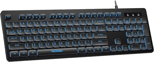 TECKNET Wired Keyboard,Silent USB Keyboard for Office,Spill-Resistant,Slim Full-Size Membrane Layout,Plug and Play for PC/Laptop/Mac-7 Colors Backlit