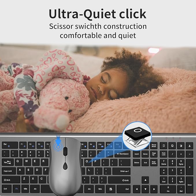 Wireless Mouse and Keyboard Combo, Silent Full-Size Computer Keyboard with Calculator Button, 2400 DPI Mouse, Quiet Click, Slim Cordless USB Set for Laptop PC Windows Mac - Space Grey