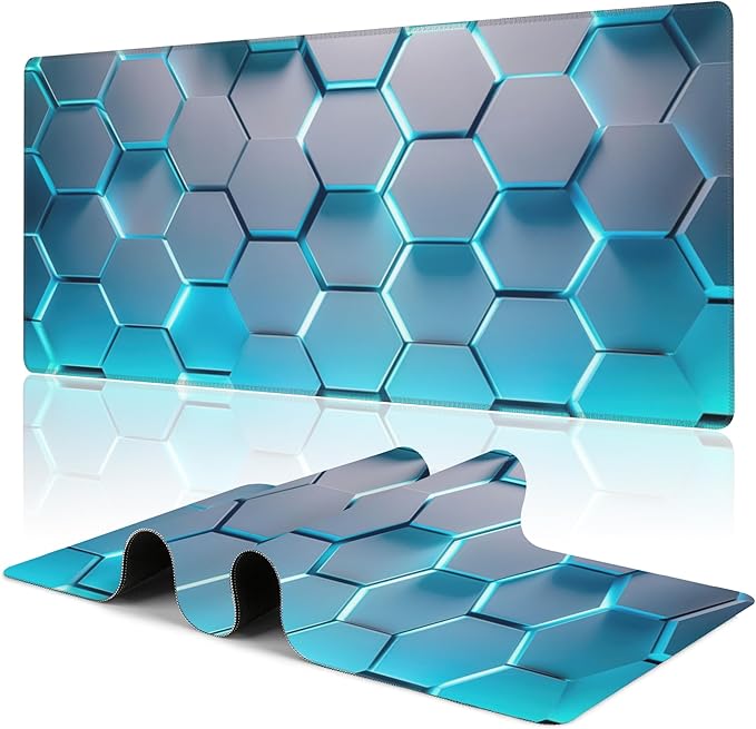 Gaming Mouse Pad,Honeycomb Hexagon Desk Mat,31.5""X15.7"" Large Desk Pad with Stitched Edge Non-Slip Base Keyboard Big Mouse Pad for Office Home Work Gaming-Blue, WDQ-D01
