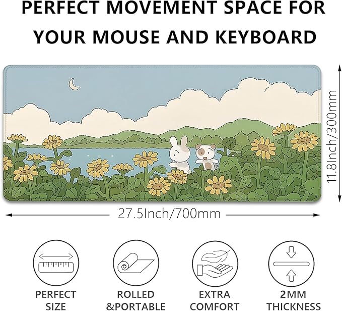 Sunflower Cute Anime Desktop Mat, Desk Mat for Keyboard and Mouse, Gaming Mat for Computer Office Home Work (27.5X11.8 in)