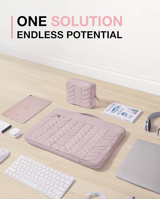 BAGSMART Laptop Case with Handle, Puffy Padded Laptop Bag Sleeve for Women, Portable MacBook Air/Pro Computer Case, 13-14 inch, Pink