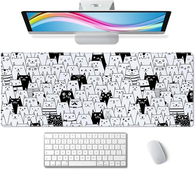 Large XL Gaming Mouse Pad - 31.5 x 11.8 Inch Extended Long Thin Desk Mat for Keyboard Mice with Cute Cartoon Black White Cats