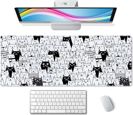 Large XL Gaming Mouse Pad - 31.5 x 11.8 Inch Extended Long Thin Desk Mat for Keyboard Mice with Cute Cartoon Black White Cats