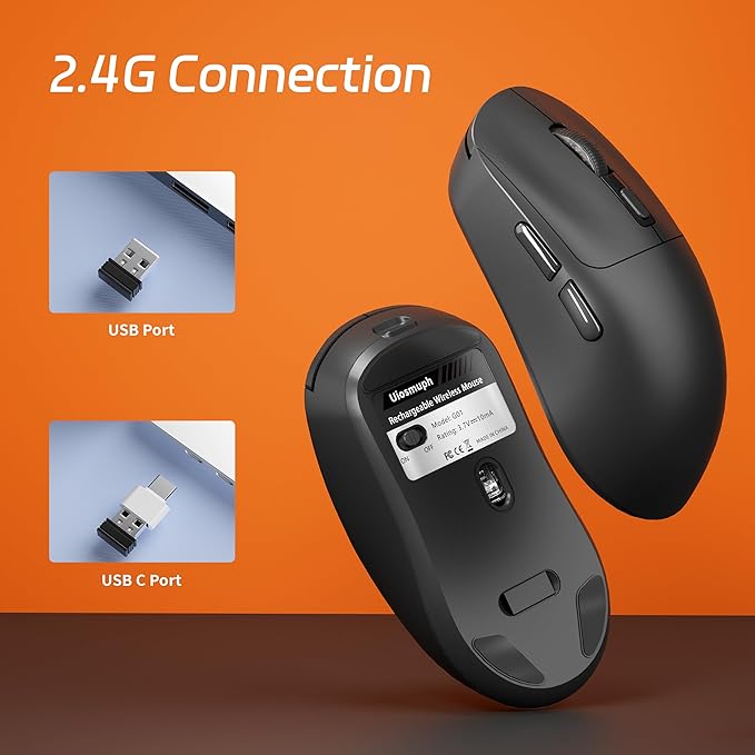 Uiosmuph G01 Wireless Mouse, USB C Rechargeable Ergonomic Computer Mouse, 2.4GHz Optical with USB Receiver & Type C Adapter for Laptop, PC, Mac, Chromebook - Black