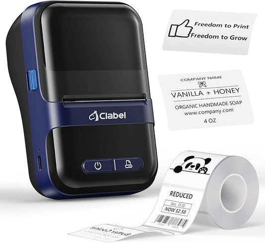CLABEL Label Maker Machine with Tape, 300DPI Thermal Bluetooth Label Printer 2 Inch Portable Barcode Inkless Sticker for Small Business, Retail Office,Office, Home, Came with 1 Roll Label