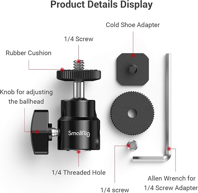 SmallRig 1/4" Camera Hot Shoe Mount, Ballhead Tripod with Additional 1/4" Screw, 2pcs Pack - 2059 - Image 5