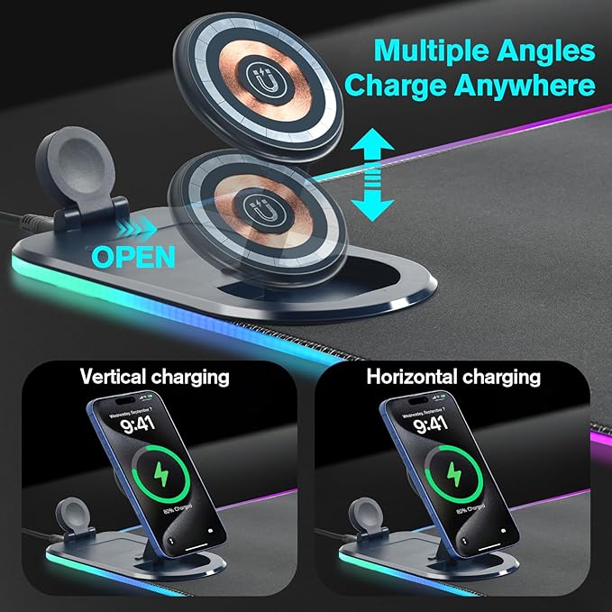ELUTENG Mouse Pad with Phone Holder 4in1 Wireless Charging Desk Mat RGB Ultra-Smooth Gaming Mousepad Waterproof Home Office Large Desk Pad 31.5"x11.81" Large Desk Pad Non-Slip Base Keyboard Pad