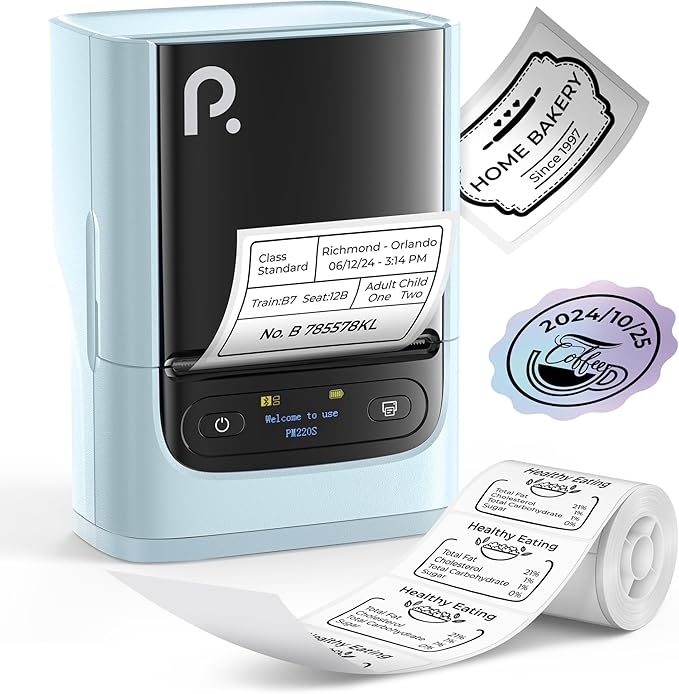 POLONO PM220S Label Maker Machine with Tape, 2 Inch Bluetooth Thermal Label Printer, Portable Sticker Printer for School, Office, Home, Business, Label Maker with 2'' x1.18'' Labels, Blue