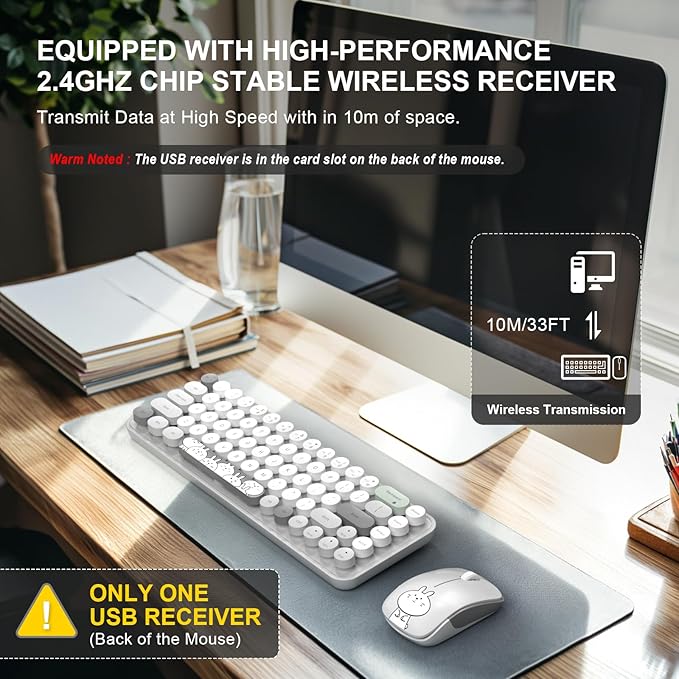 FOPETT Wireless Keyboard and Mouse Cute Mouse and Keyboard 2.4G Wireless Keyboards with Colorful 68 Keys Typewriter Retro Round Keycap for PC, Laptop,Tablet,Computer Windows - Grey Colorful