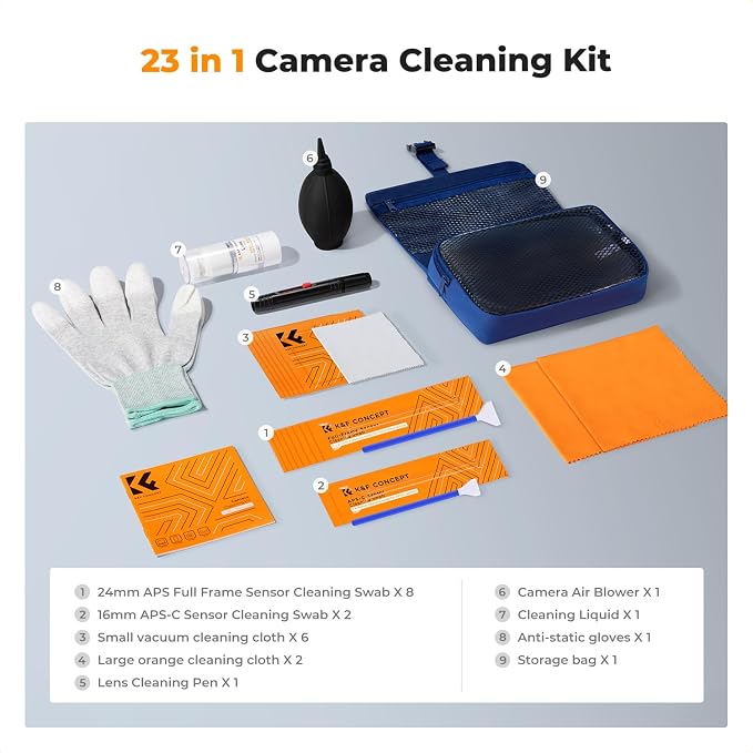 K&F Concept Professional Camera Cleaning Kit - Sensor Cleaner, APS-C & Full-Frame Swabs, Air Blower, Lens Brush, Gloves, Lens Cloths, Carry Case, Lens Cleaning Kit for FF DSLR & Mirrorless Cameras - Image 2