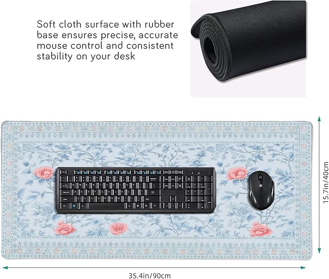 Blue Floral Pattern Mouse Pad XXL Large Anti-Slip Stitched Edges Desk Mat for Women, Home Office Computer Keyboard Desk Pad Mat Cute Aesthetic Office Supplies & Decor