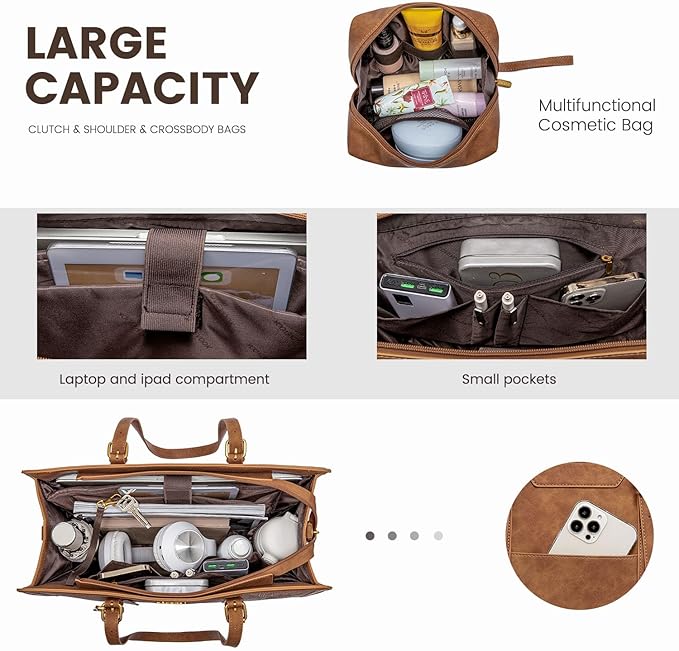 LOVEVOOK Laptop Bag for Women Vintage Leather Work Tote 15.6 inch Large Capacity Computer bag with Clutch Purse for Office, Travel, Casual