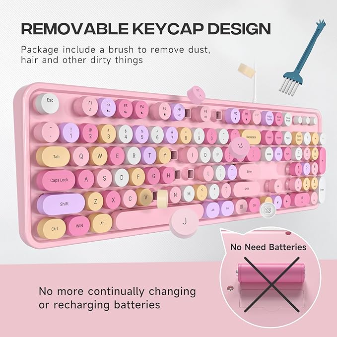 Wired Keyboard, 104 Keys Full-Sized Typewriter Keyboards, USB Plug and Play Office Keyboard with Number Pad, Caps Indicators, Foldable Stands for Windows, PC, Laptop (Pink Colorful)
