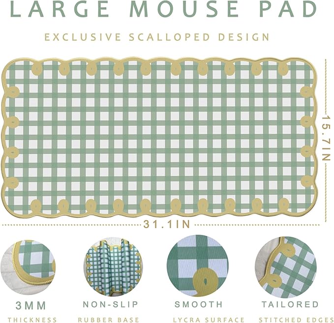 Cute Green Scalloped Desk Mat Checkered Large Mouse Pad Kawaii Vintage Farmhouse-Inspired Rustic Cottagecore Office Desk Decor Stitched Nonslip Pad for Computer Keyboard & Mouse 31 * 15.7in