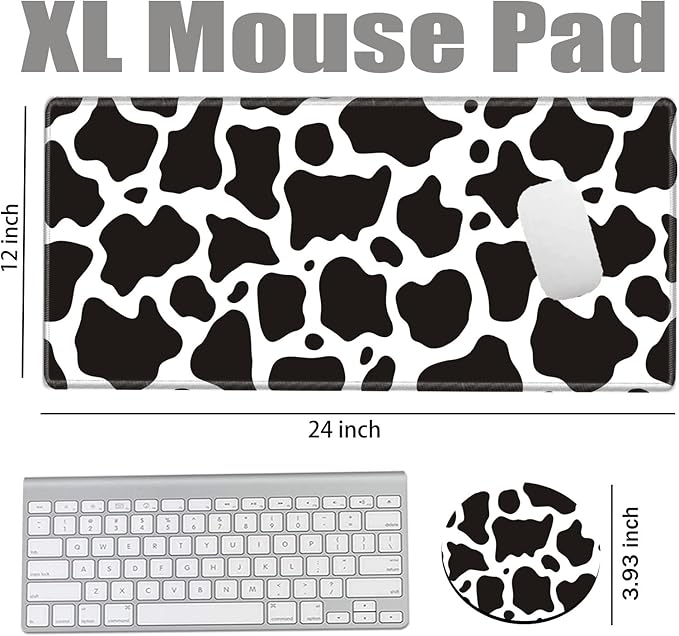Cow Print Mouse Pad 24x12 Inch Mousepad Black and White Desk Pad Large Gaming Desk Mat Long Protector Mat Big Non Slip Laptop Mat for Wireless Mouse Work Computer