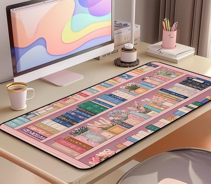 Cute Bookshelf Deskmat, Pink Desk Pad Mousepad XXL, Game Pad, Large Office Desk Keyboard Mat, Anti Slip Rubber Base and Sewn Edge Mouse Mat, Beautiful Reading Space Desktop Decor 31.5"X15.7"