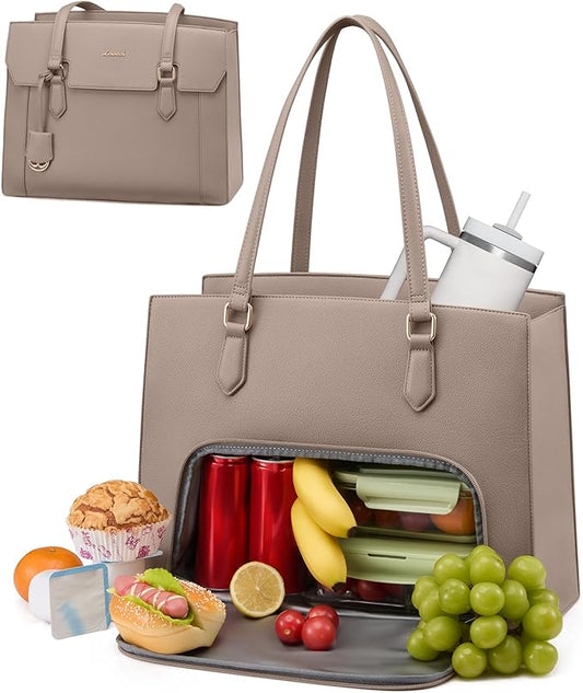 LOVEVOOK Lunch Tote Bag for Women, 15.6 Inch Laptop Work Bag with Insulated Lunch Compartment, Large Capacity Computer Handbag with Cup Holder for Business, Nurse, Teacher, Mommy