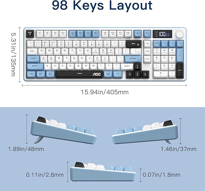 AOC GK210 Wireless Gaming Keyboard with Display & Knob, Tri-Mode BT5.0/2.4GHz/Wired Connectivity RGB Backlit Keyboard with Number Pad, 98-Key Layout, 26-Key Anti-Ghosting, Compatible for Mac, Windows