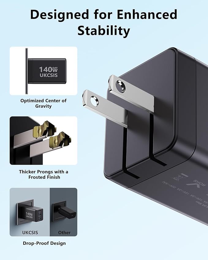140W USB C Charger Block, Foldable 3-Port GaN Fast Charger, Type C Charging Block, Laptop Fast Charging Adapter for MacBook Pro/Air, iPad, iPhone, Samsung Galaxy (Grey)