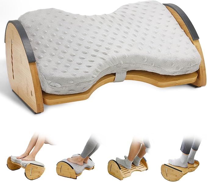 Foot Rest Under Desk, Under Desk Footrest, Foot Stool for Couch, Office Home, Gaming, 4-in-1 Bamboo Desk Foot Rest with 6 Adjustable Heights & Massage Cushion & Relieve Pressure on Legs, Waist & Back