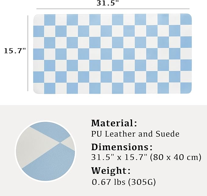Checkered Desk Mat, 31.5" x 15.7" Large Cute Sky Blue Aesthetic Retro Accessories, PU Leather Computer Laptop Desk Mat Mouse Keyboard Pad, Desk Writing Makeup Mat for Vanity/Work/Home Decor