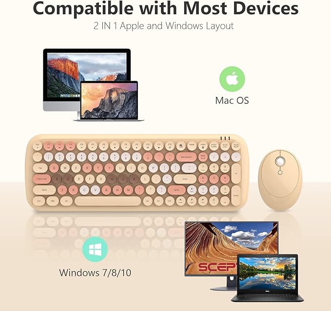 MOFII Wireless Keyboard and Mouse Combo, Retro Typewriter Keyboard with Multi-Media Function Keys and Number Pad Compared for PC Computer Windows 7 8 10 (Milk-Tea Colorful)