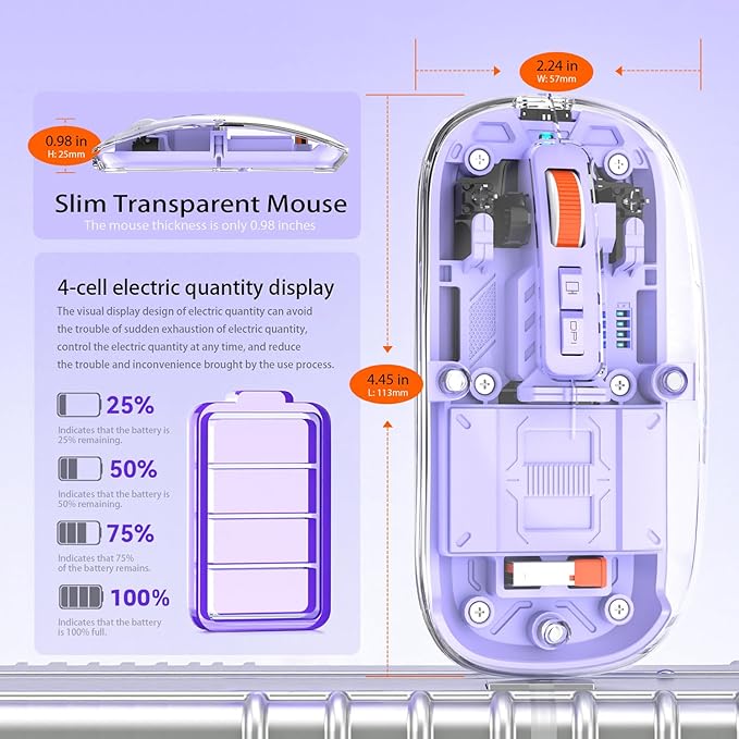 Creative Transparent Slim Wireless Mouse - Magnetic Cover, 3-Mode (Dual Bluetooth + USB), Rechargeable, One-Click Desktop, for MacBook/pc/iPad/Laptop (Purple)