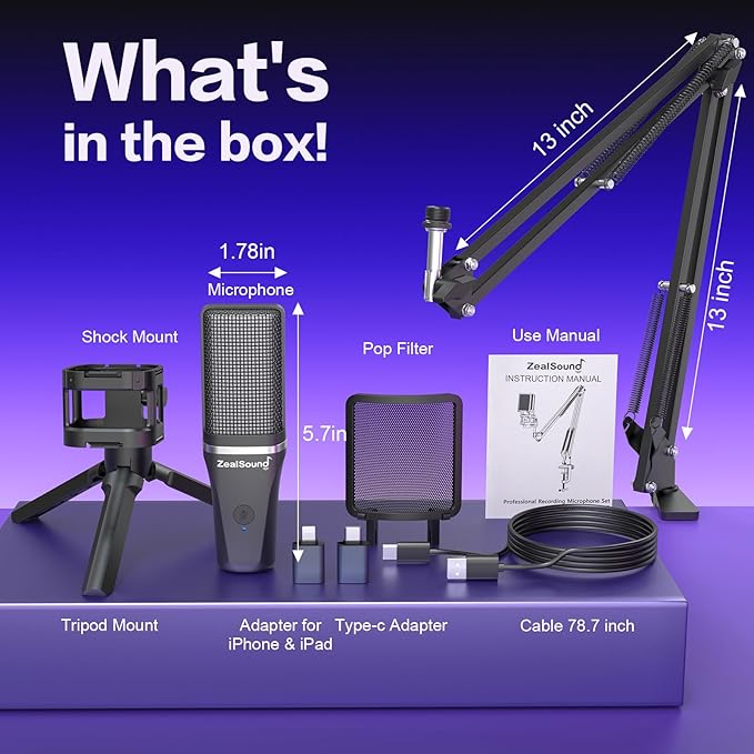 ZealSound Gaming Microphone, USB Mic for PC with Noise Cancellation, RGB, Mute, Gain Control, Zero-Latency Monitoring, Boom Arm, Tripod Stand & Pop Filter, for Mac, iPhone, Streaming, Twitch, YouTube