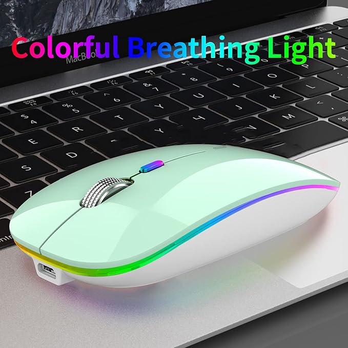 Uiosmuph LED Wireless Mouse, G12 Slim Rechargeable Silent Mouse, 2.4G Portable USB Optical Wireless Computer Mice with USB Receiver and Type C Adapter (Mint Green)