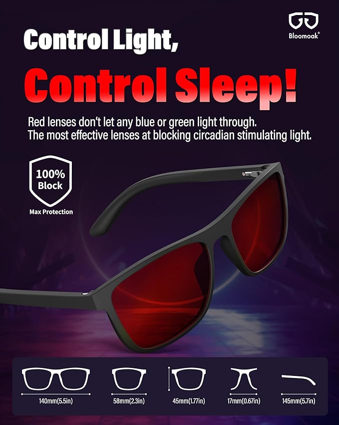 Bloomoak 100% Red Lens Blue Green Light Blocking Glasses- Dual AR Coatings Sleep Glasses Before Bed - Anti Glare, Fatigue