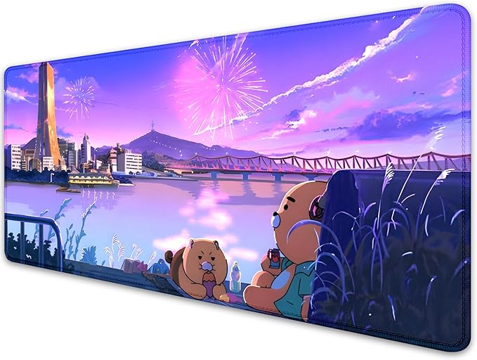 Cartoon Bear Large Desk Mat, Fireworks Theme - Gaming Mouse Pad for Computer, Office, Home (27.5x11.8 in)